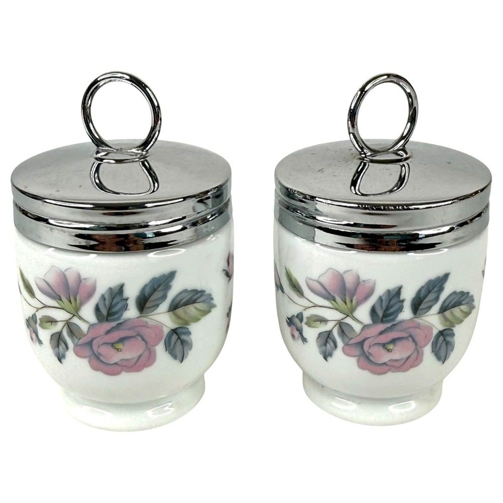 2 VTG Royal Worcester Egg Coddlers And Lids June Garland Porcelain Rose Flower